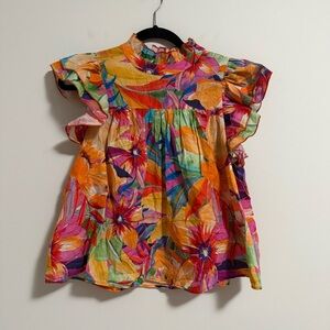 Lavender Brown Floral Cotton Ruffle Blouse Small